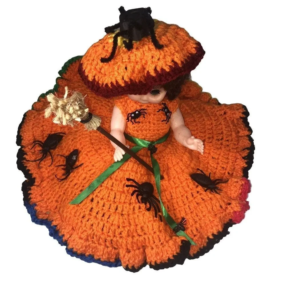 Halloween Doll with Handmade Layered Crocheted Dress w/spiders & broom